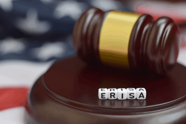 "ERISA" spelled out with letters on gavel and block