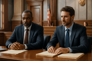 Two men sit in a courtroom awaiting judgement. They are serious and awaiting the judges decision.