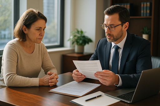 A woman sits concerned at a table as her attorney goes over documentation in regards to her disability.